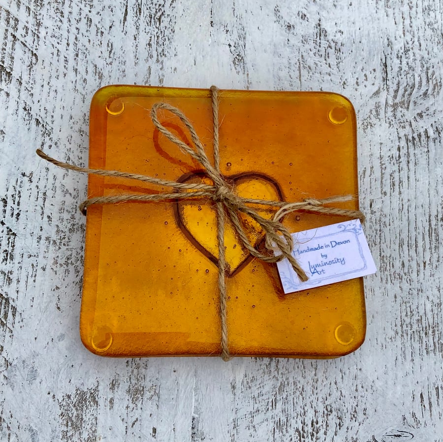 A Gorgeous pair of Ochre Fused Glass Coasters with an embossed heart
