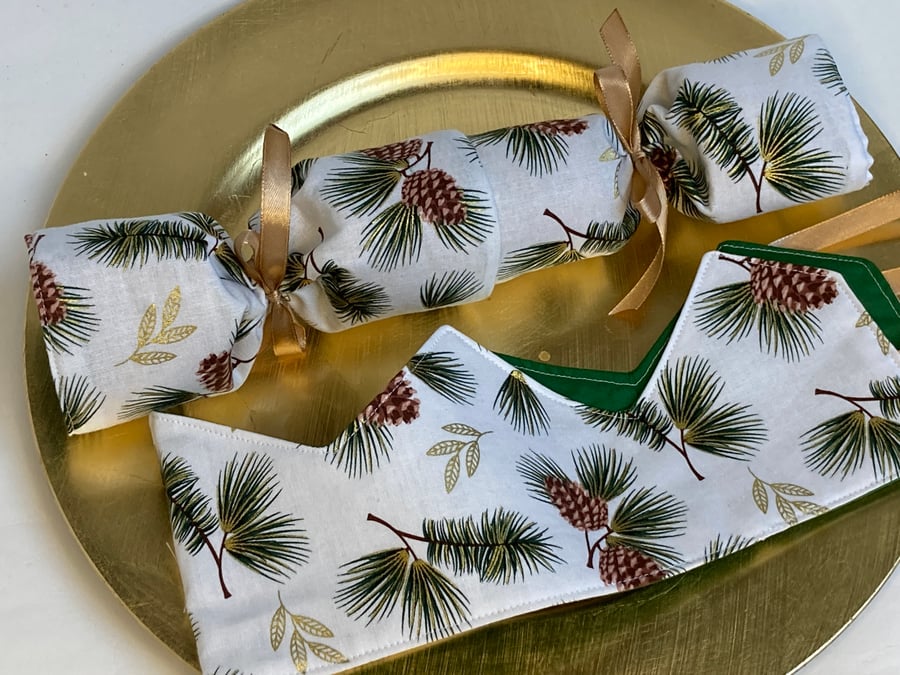 Christmas Cracker and Party Crown. Reusable and waste free. Pine cones on white