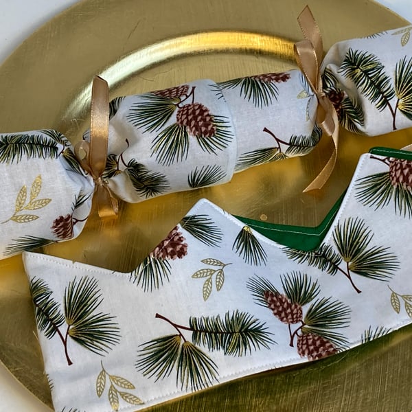 Christmas Cracker and Party Crown. Reusable and waste free. Pine cones on white