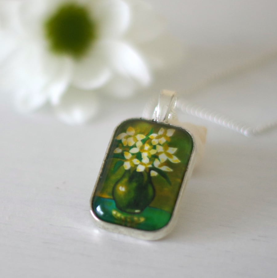 Flower Green Pendan Necklace with Still Life Art Print