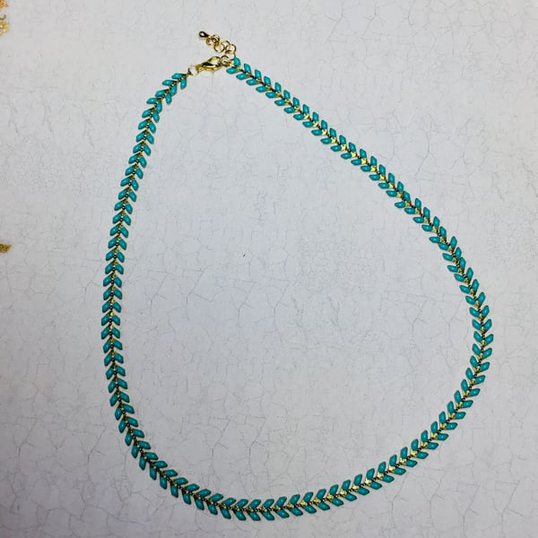 Turquoise Enamel Wheat Chain Necklace