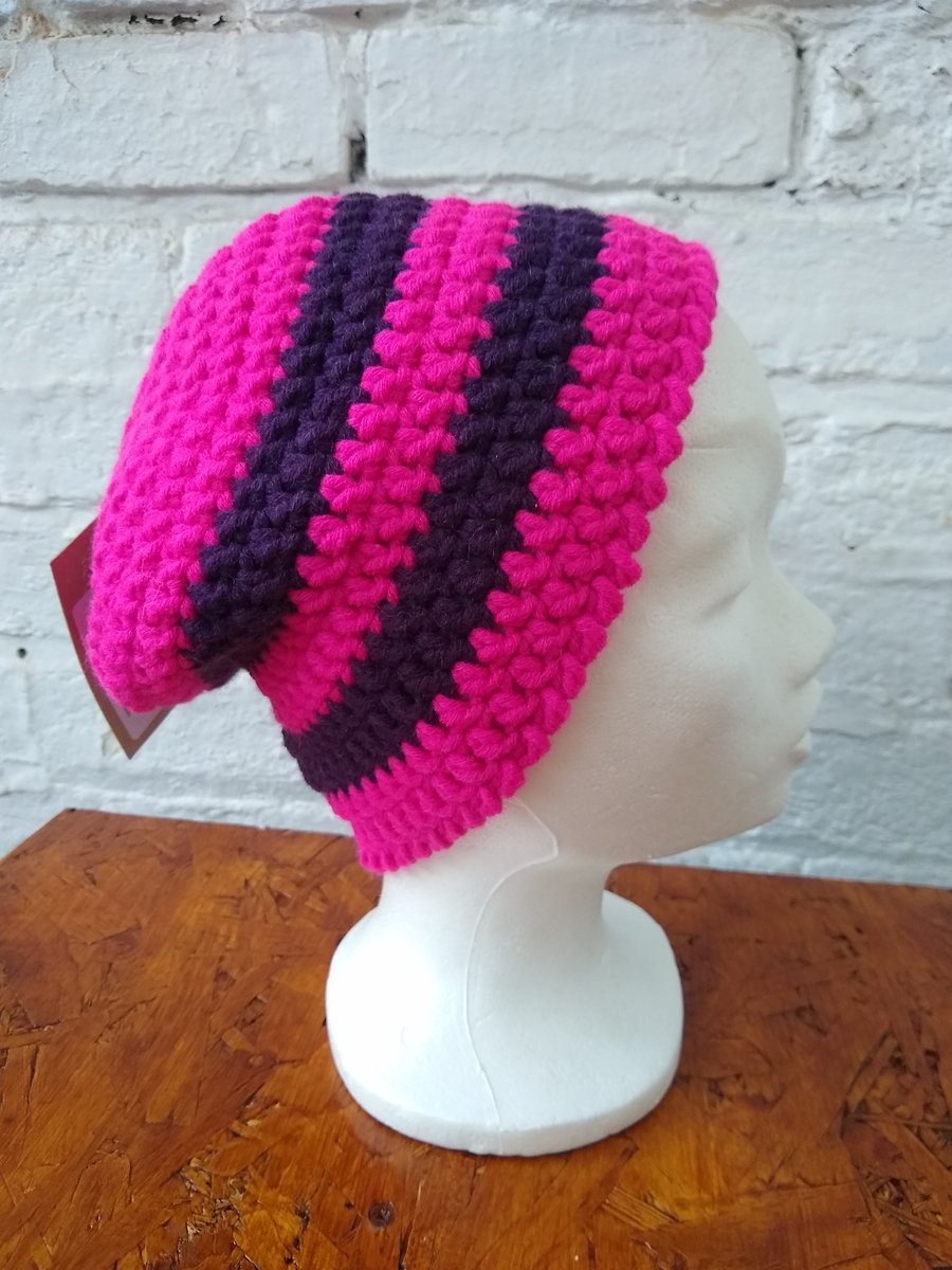 Pink striped beanie hat, crocheted hat, unisex design