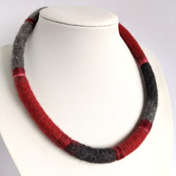 Felted cord necklace - shades of greys and red