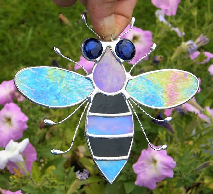 Stained glass Bee iridescent wings, black & blue body and blue eyes