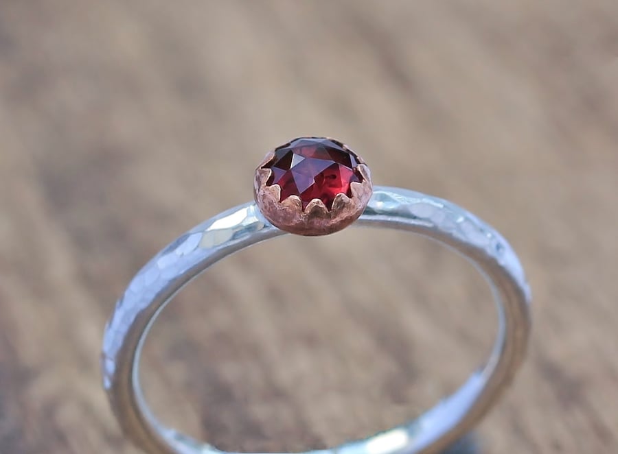 Garnet Stacking Ring - Silver & Copper Stacking Ring - Silver Stacking Ring