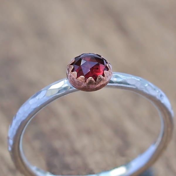 Garnet Stacking Ring - Silver & Copper Stacking Ring - Silver Stacking Ring