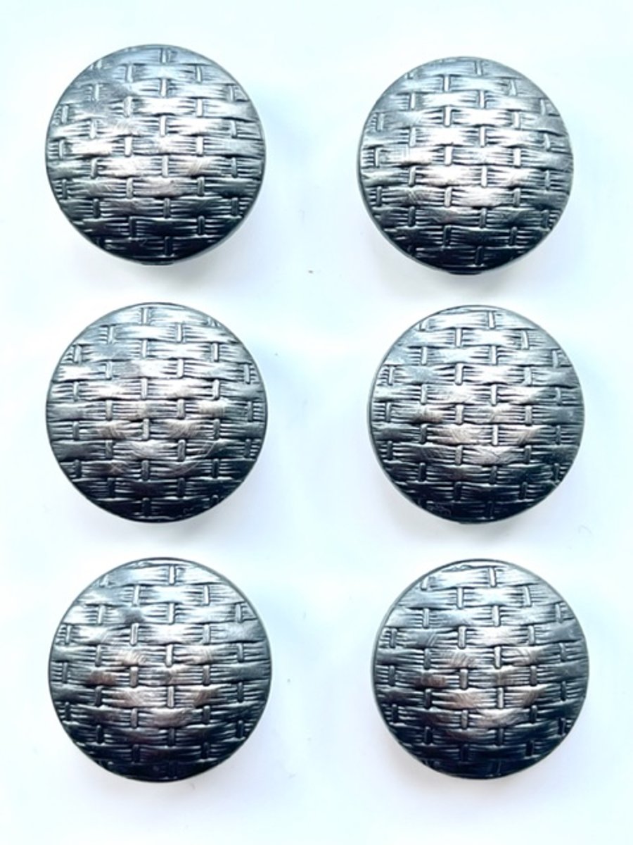6 Basket Weave Metal Buttons, Domed, 15mm Wide, Old Silver Colour, LARP