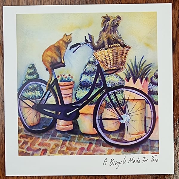 A bicycle made for two, cat, dog, greeting card