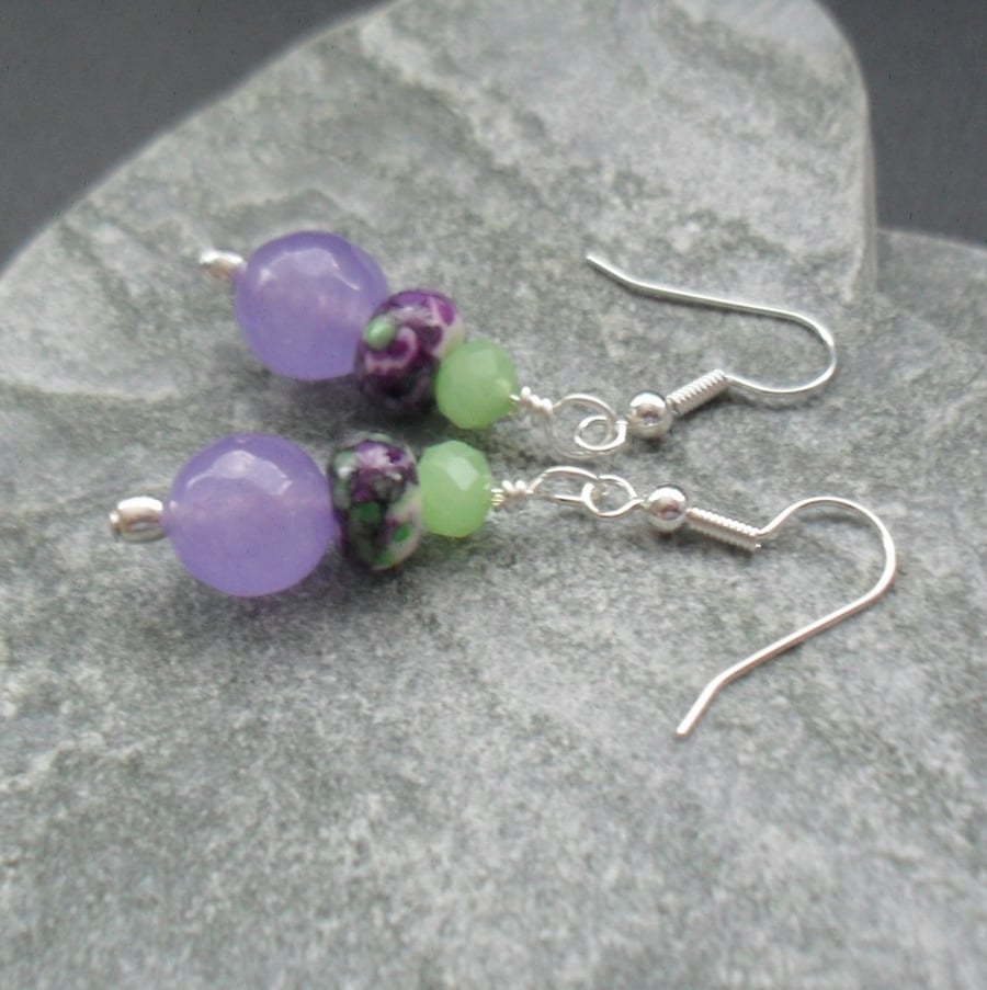 Lilac Quartz and Rainflower Jasper Silver Plated  Earrings