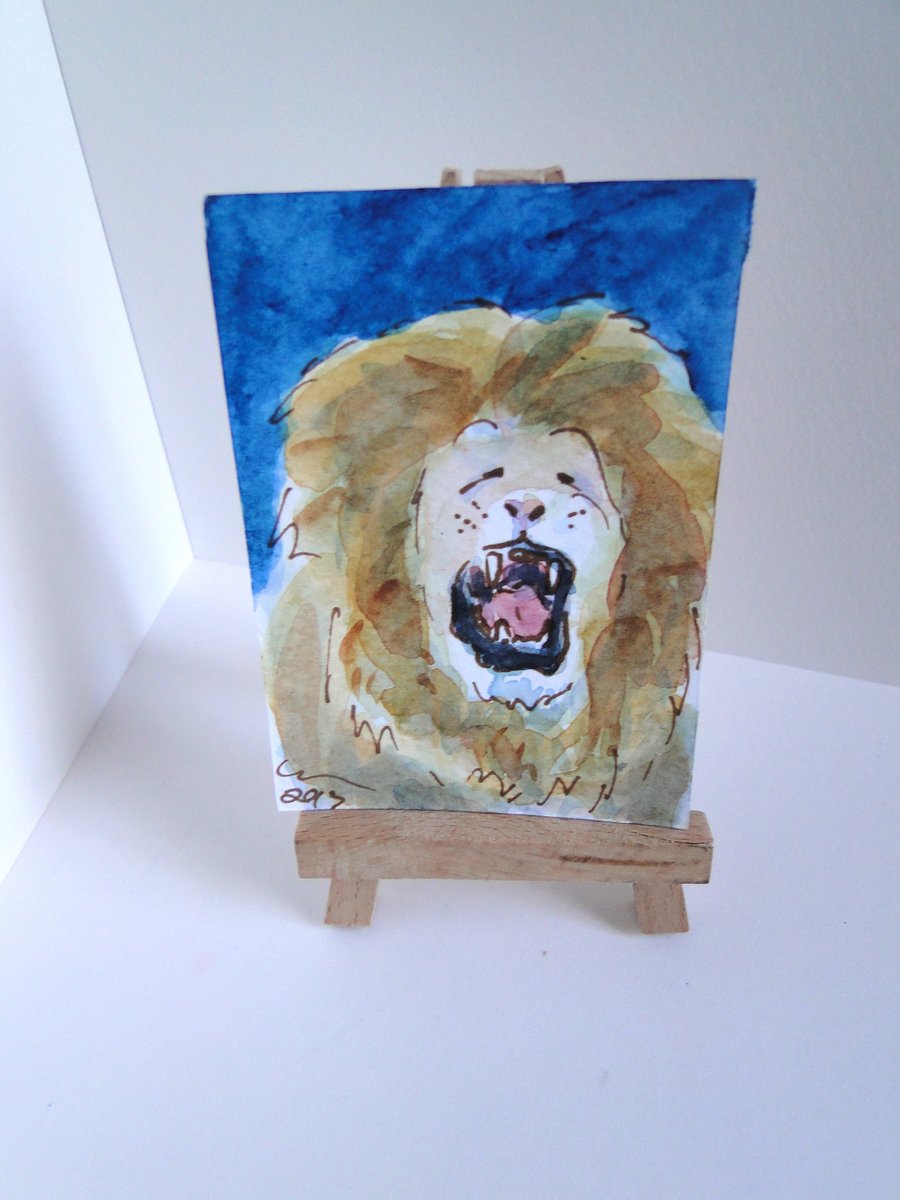 ACEO Animal Art Lion Yawn Original Watercolour and Ink Painting OOAK Cat 