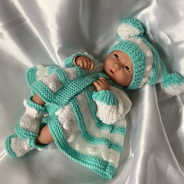 Hand knitted dolls clothes for 15" La Newborn Berenguer doll or simliar.