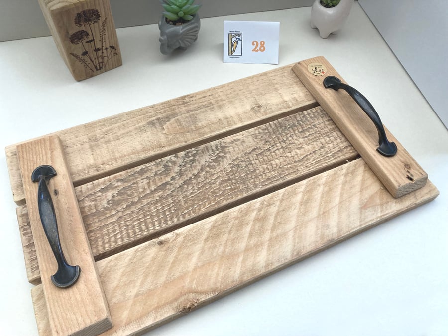 Rustic handmade reclaimed wooden serving tray, garden tray with handles