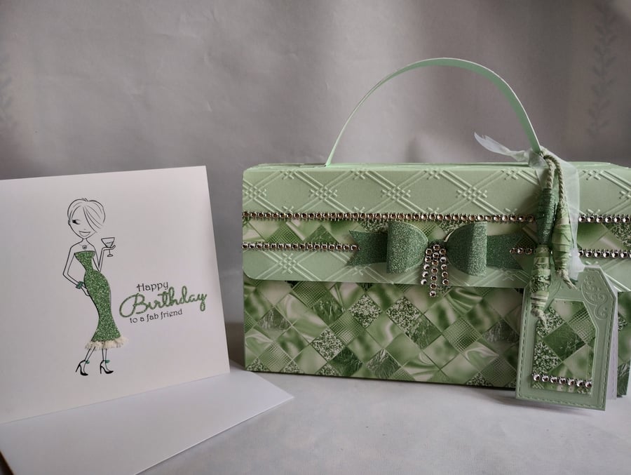 Glittering Green Handbag Style Gift Box and Matching Fab Friend Birthday Card