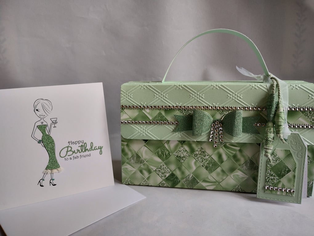 Glittering Green Handbag Style Gift Box and Matching Fab Friend Birthday Card