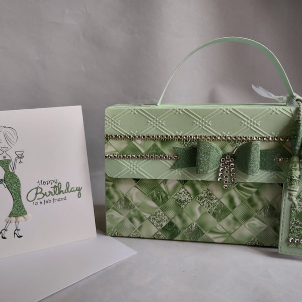 Glittering Green Handbag Style Gift Box and Matching Fab Friend Birthday Card