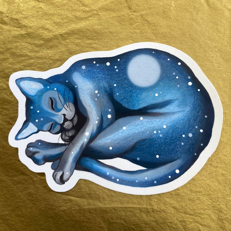 Cat Sticker - Glossy, Vinyl Die Cut, Waterproof - 'Lunar Cat Dreaming'