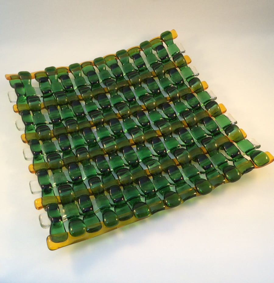 Dark Green Woven Fused Glass Plate