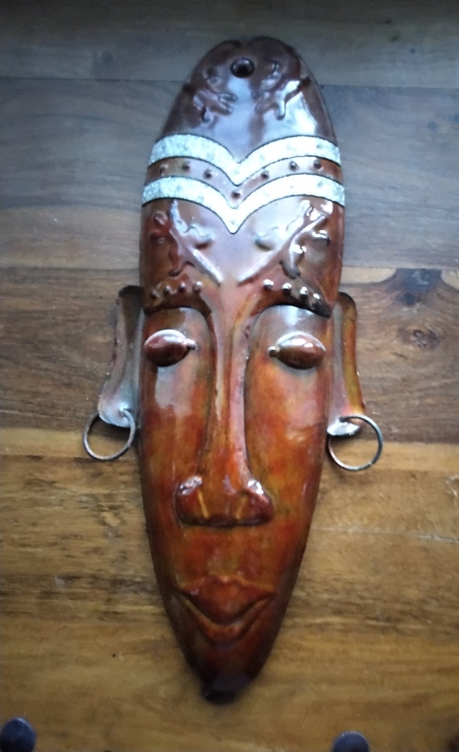 Vintage Hand Worked Metal Guardian Mask Inner Altar Wall Hanging