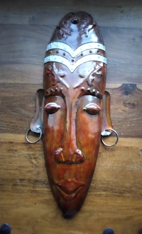 Vintage Hand Worked Metal Guardian Mask Inner Altar Wall Hanging