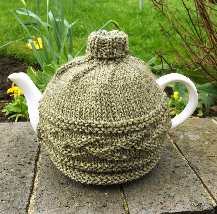  Taupe Tea Cosy, Wool Hand Knitted Tea Cozy with Leaf Design