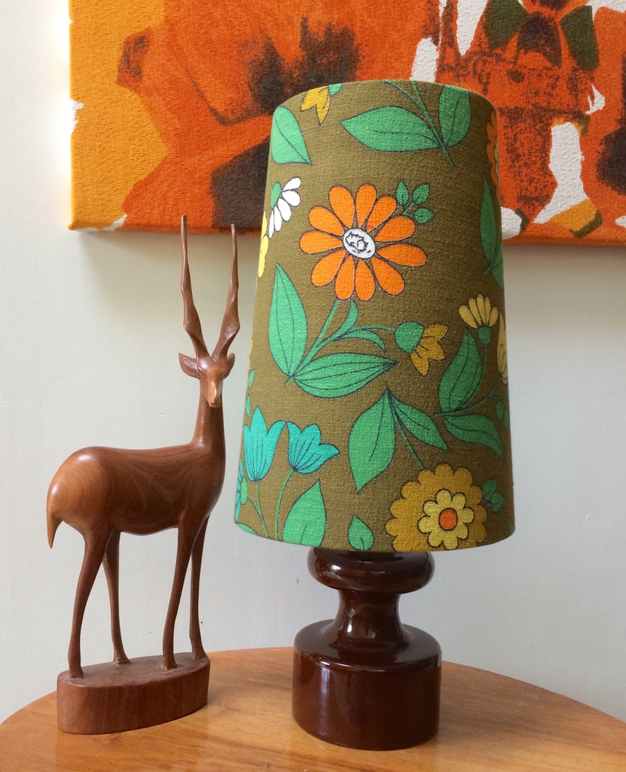 Retro Daisy Floral 60s 70s Barkcloth Olive Green Vintage Fabric Lampshade 
