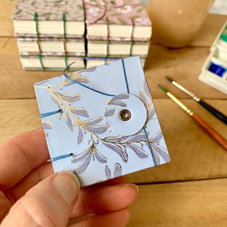 Coptic Bound Tiny Floral Watercolour Sketchbook. Blue and gold.