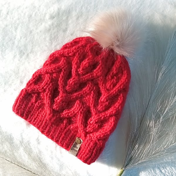Love Hearts Hand Knit Beanie Hat in soft Merino Wool. Small - Medium adult size