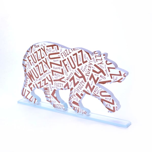 Fuzzy Bear Glass Sculpture with Typography Artwork