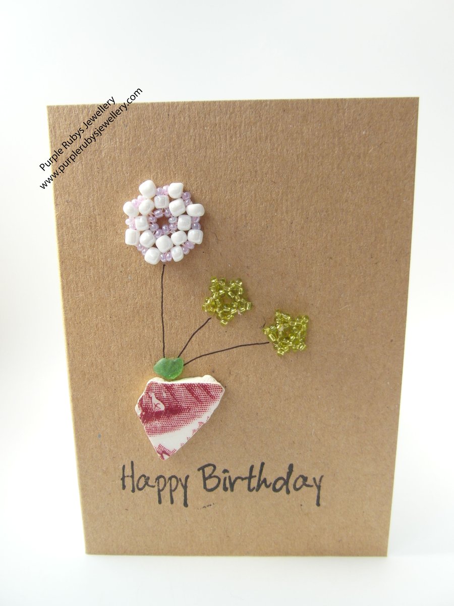 Sea Pottery and Beaded Flowers Happy Birthday Card C063