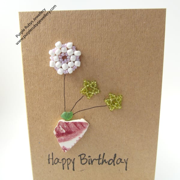 Sea Pottery and Beaded Flowers Happy Birthday Card C063