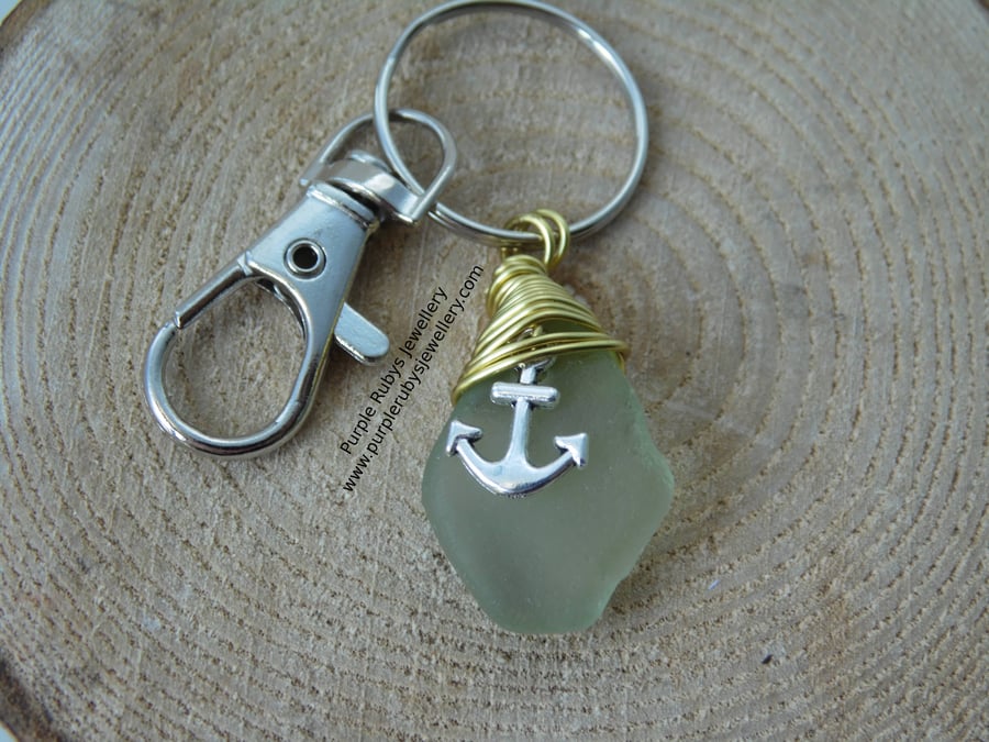 Pale Green Sea Glass with Anchor Charm Bag Charm Keyring K239