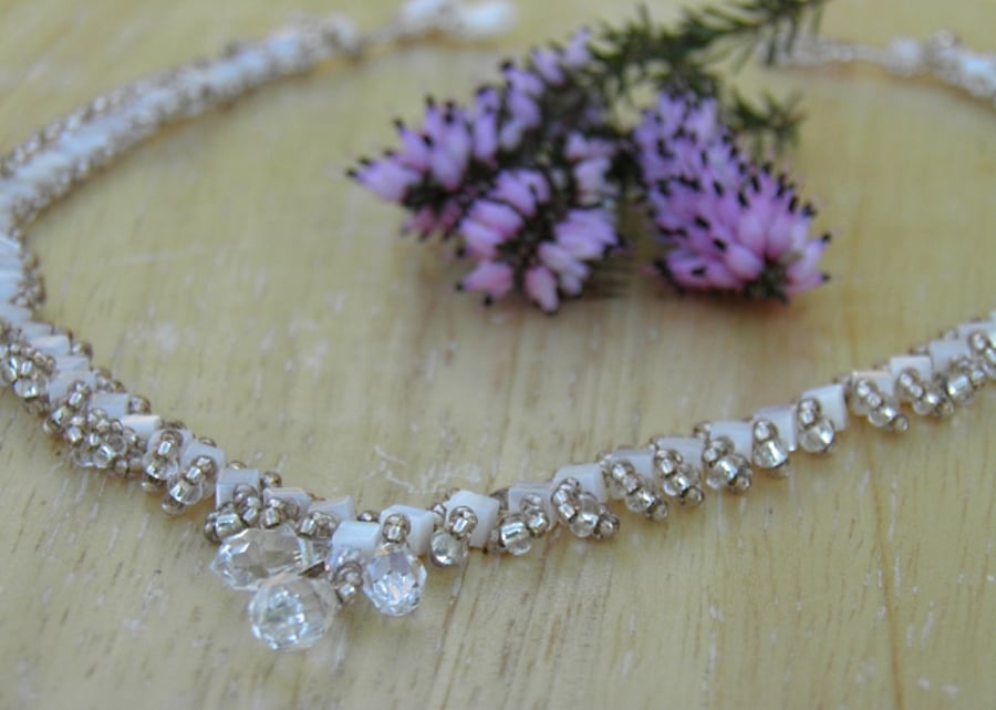 Mother of Pearl Necklace and Sterling Silver Earrings with Crystals and Pearls