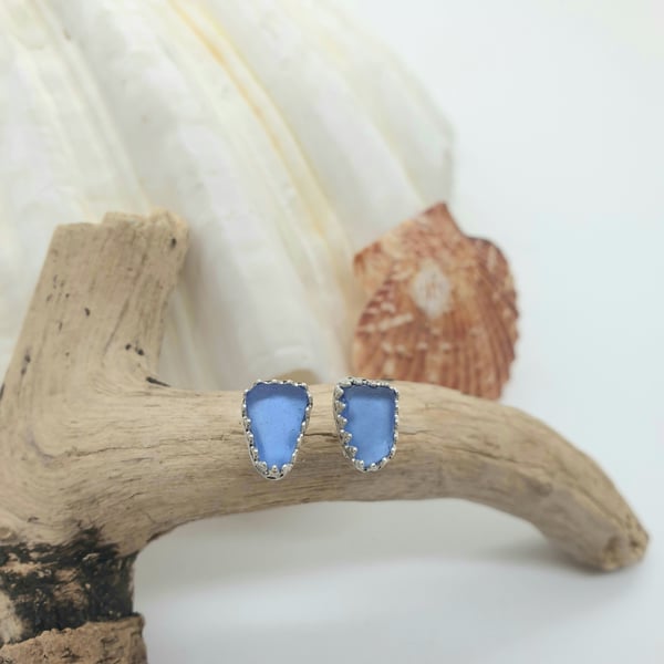 Sterling Silver Blue Sea Glass Stud Earrings Fancy Bezel Free UK Post