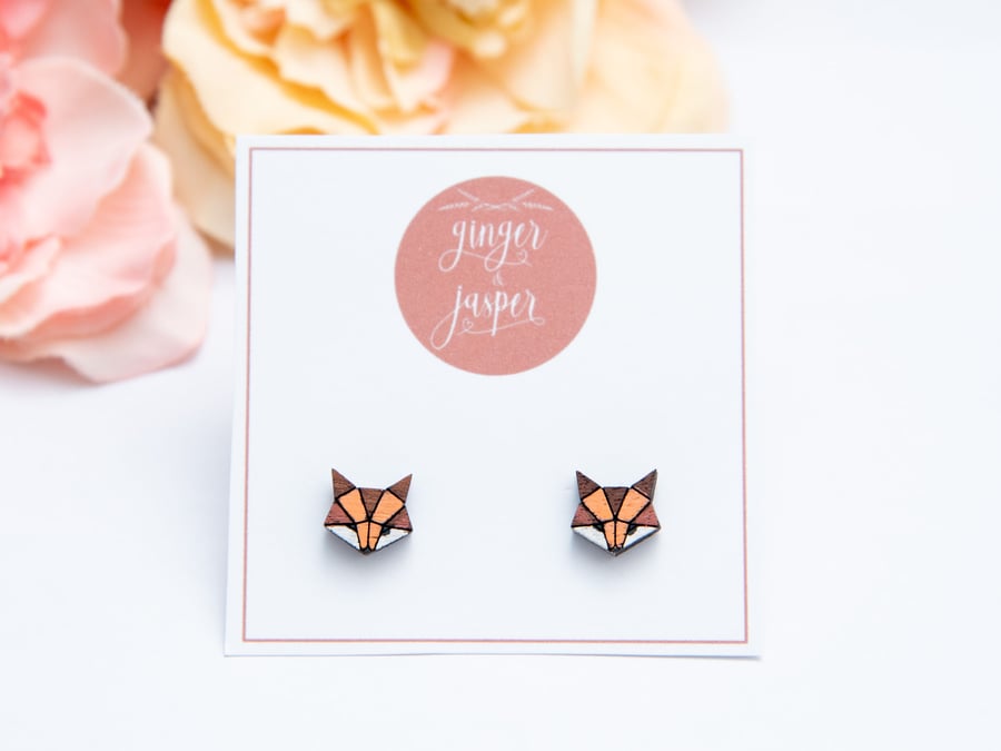 Hand Painted Wooden Geometric Fox Earrings, Origami Fox Studs, Animal Lover Gift