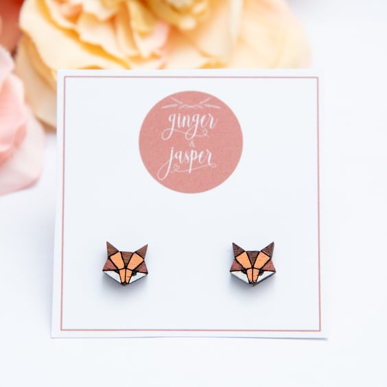 Hand Painted Wooden Geometric Fox Earrings, Origami Fox Studs, Animal Lover Gift