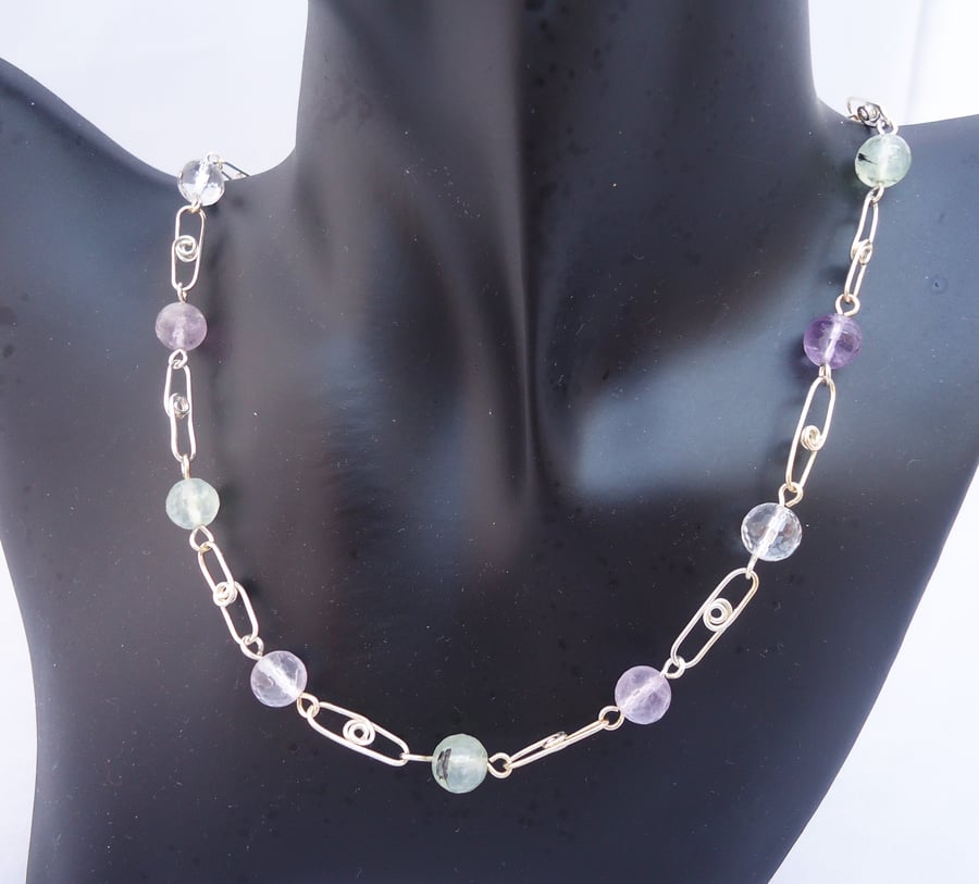 Quartz Necklace, Multicolored Quartz Necklace with Wire Wrapped Chain