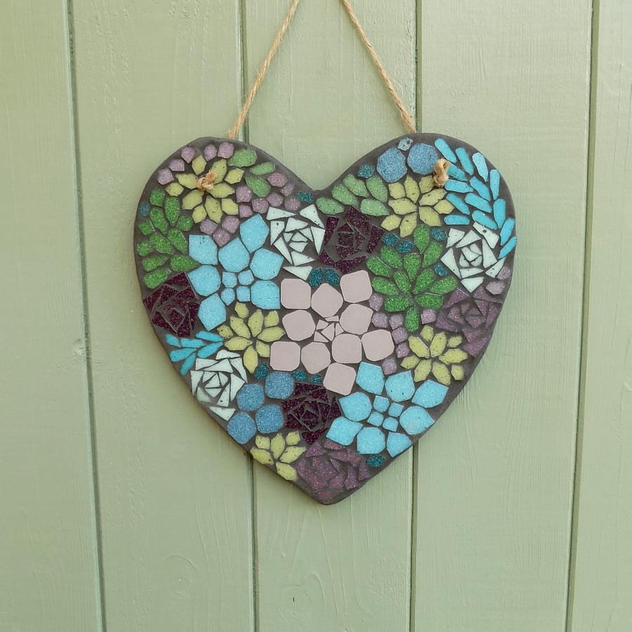 Mosaic Succulent Hanging Heart Decoration