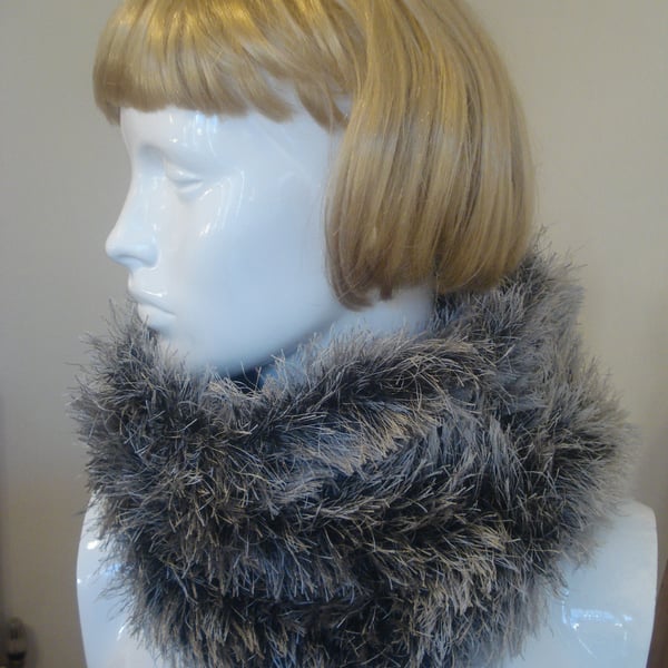 Hand Knitted Cowls Neck Warmers In Mock Fur Yarn In Three Colours