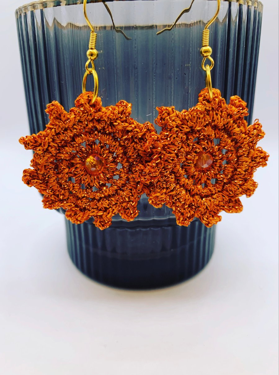 Sunburst Metallic Orange Handmade Retro Style Dangle Earrings 