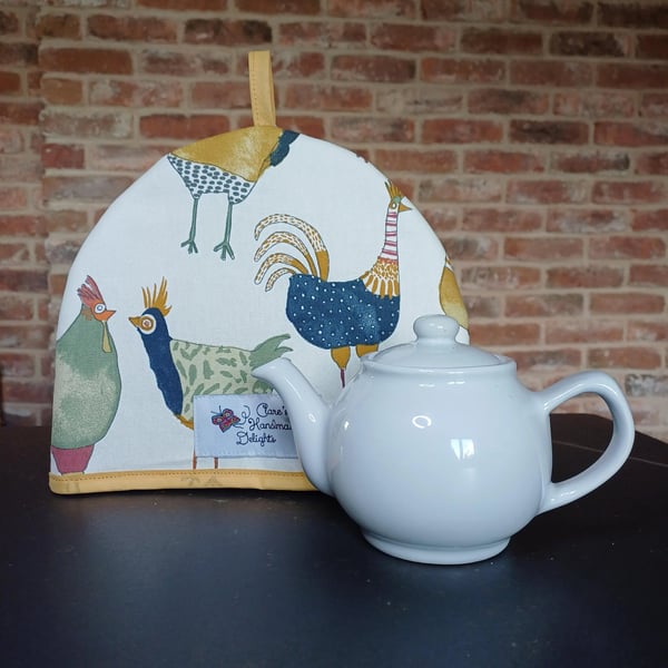 Tea Cosy in Mustard coloured Funky Chickens Fabric