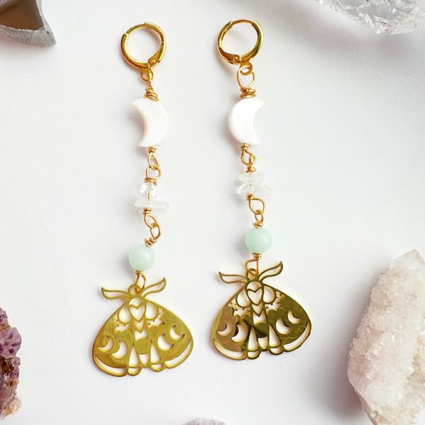 Luna Moth Earrings, Crystal gold earrings, Quartz, Amazonite, Moon earrings 