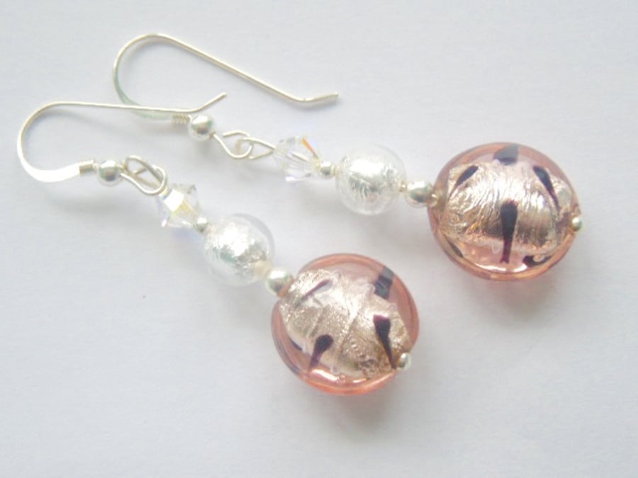 Murano glass pink earrings with Swarovski and sterling silver.
