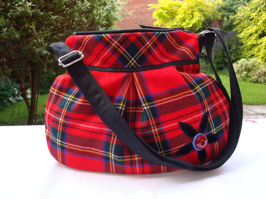 Mini  Shoulder Bag -  red wool tartan - black velvet flower - slip pockets - zip