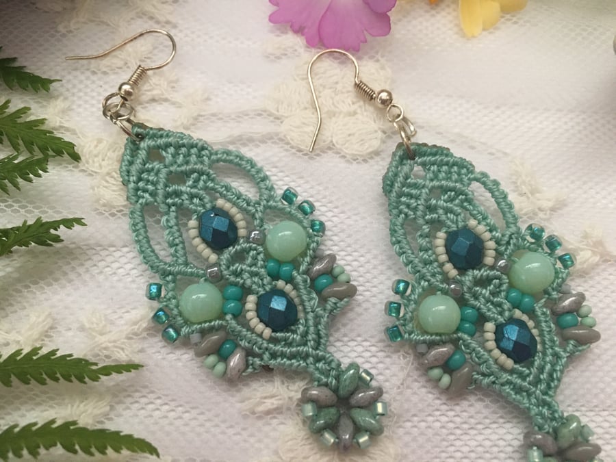Beautiful Delicate Macrame pastel green beaded dangle earrings