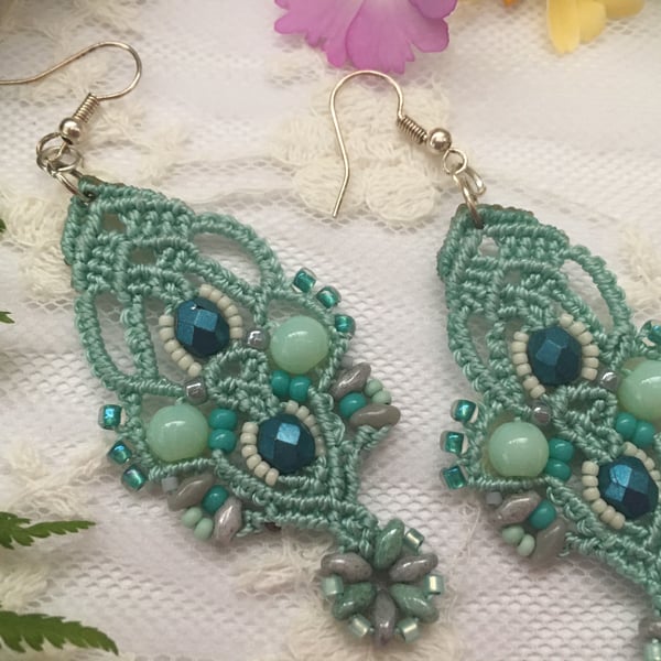 Beautiful Delicate Macrame pastel green beaded dangle earrings