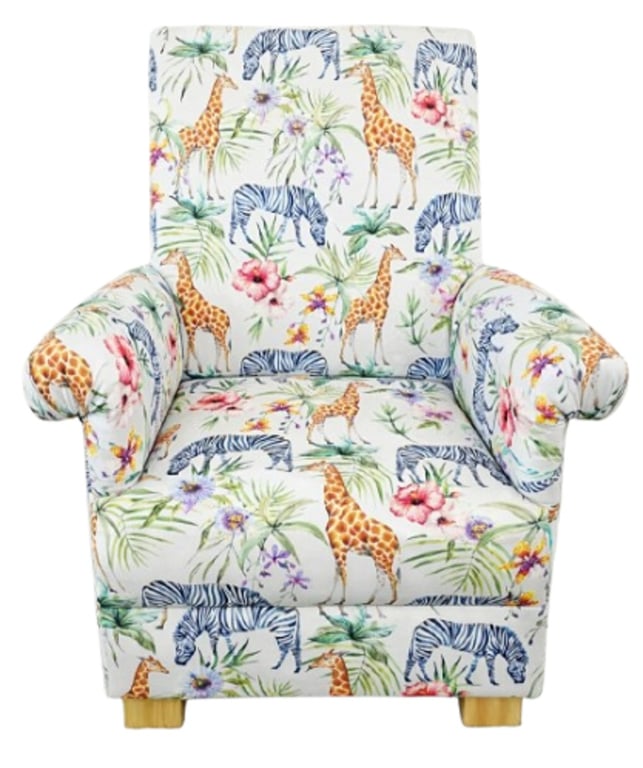 Children's Armchair Kids Chair Serengeti Animals Fabric Boys Girls Ivory Zebras