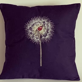 Dandelion & Ladybird Embroidered Cushion Cover. PURPLE 