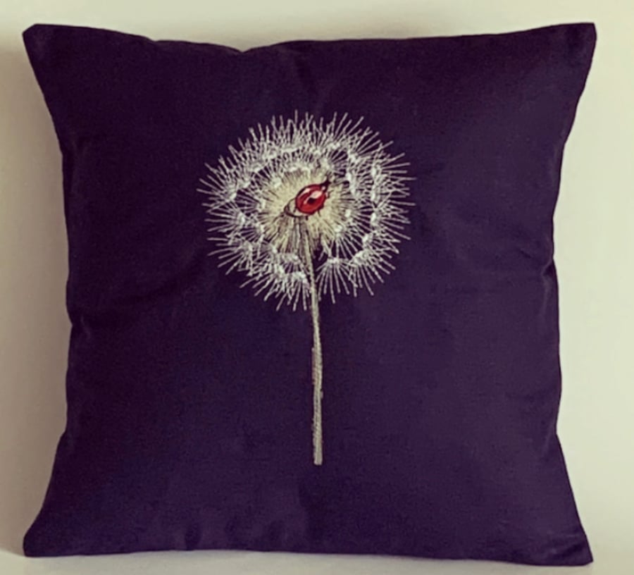 Dandelion & Ladybird Embroidered Cushion Cover. PURPLE 