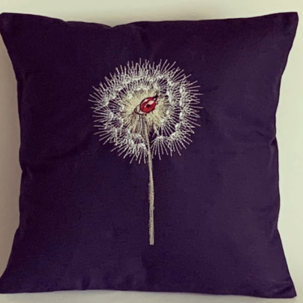 Dandelion & Ladybird Embroidered Cushion Cover. PURPLE 