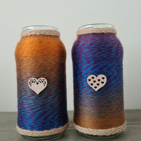 Set of 2 upcycled glass jars wrapped with marble effect yarn
